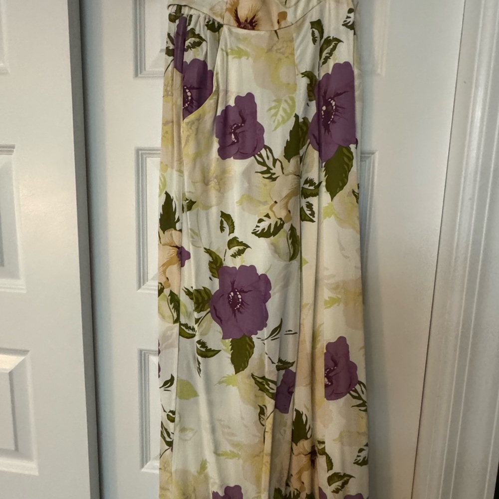 Floral Wide Leg Pants with Purple and Cream Flowers